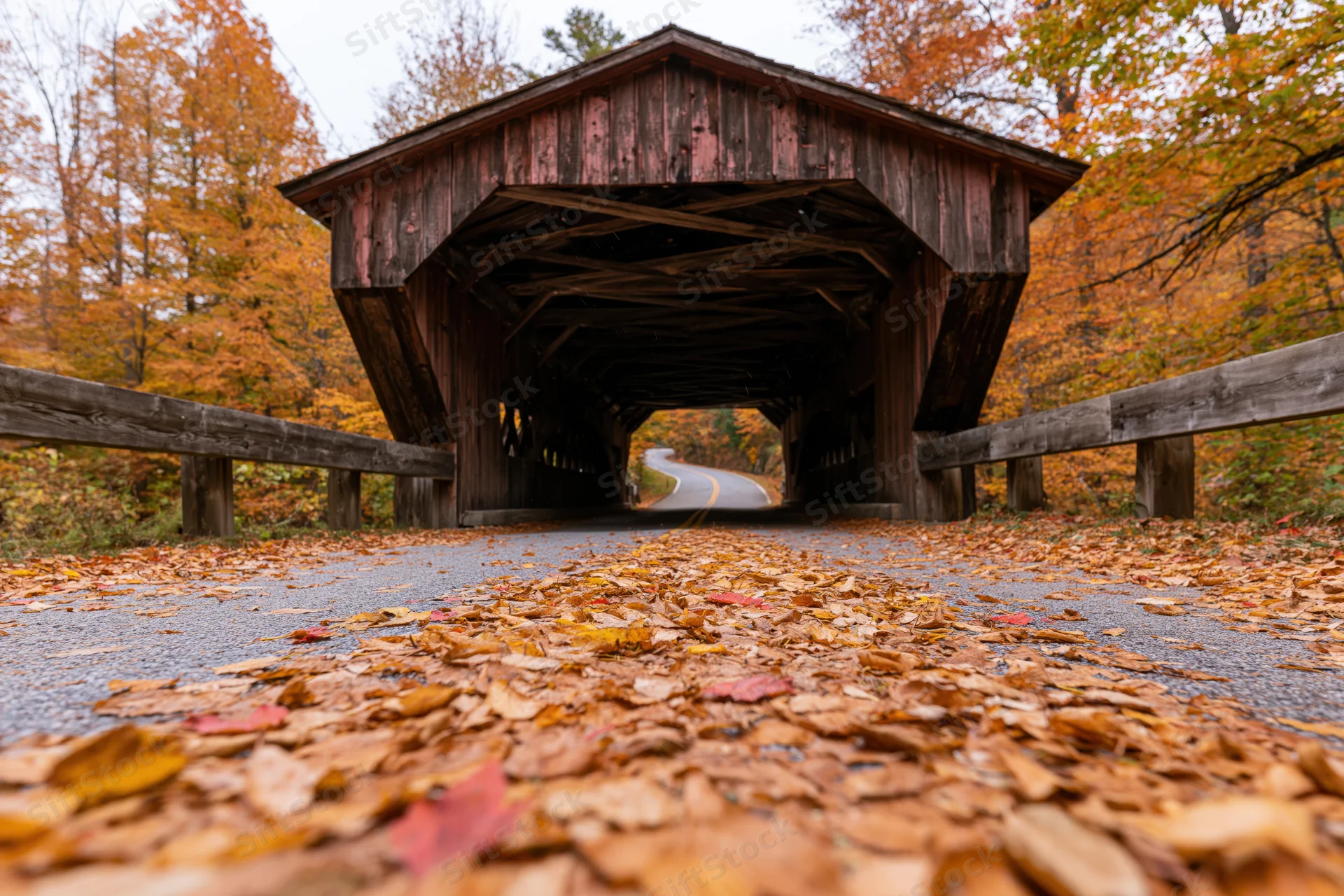 Historic wooden covered bridge over rural road in autumn with fallen leaves on pavement