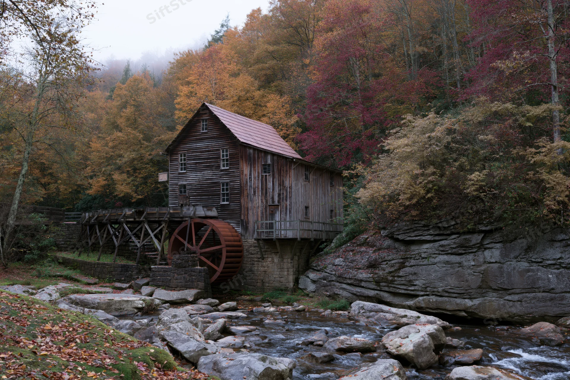Historic wooden grist mill with rust-red waterwheel beside a rocky stream in autumn forest