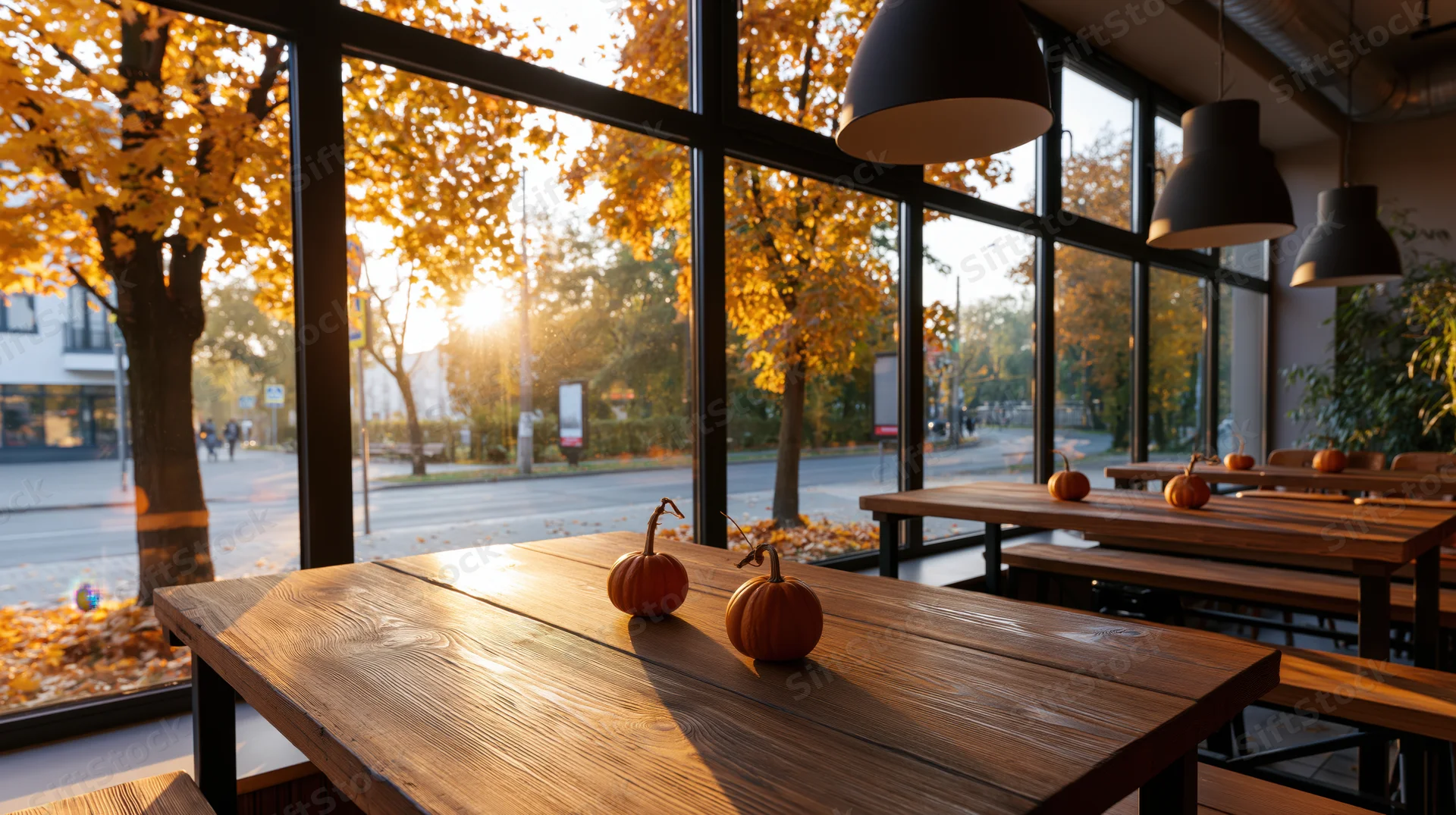 Wooden tables with small pumpkins inside a cozy urban cafe overlooking autumn trees through large windows