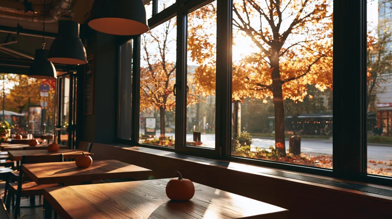 Wooden tables with pumpkins inside a cozy urban cafe overlooking autumn trees through large windows