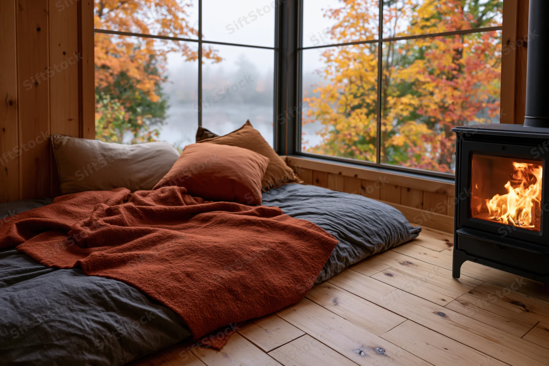 Floor-level bedding with blankets and pillows beside a wood-burning fireplace in a wooden cabin overlooking autumn trees and a lake