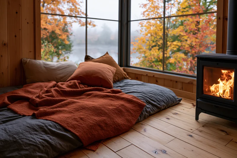 Floor-level bedding with blankets and pillows beside a wood-burning fireplace in a wooden cabin overlooking autumn trees and a lake
