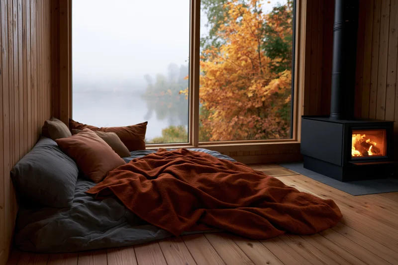 Floor-level bed with blankets and pillows in a wooden cabin beside a fireplace and large window overlooking a misty lake and autumn trees