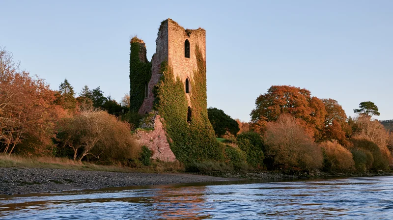 Ivy-covered medieval castle ruin rising above calm river surrounded by autumn trees
