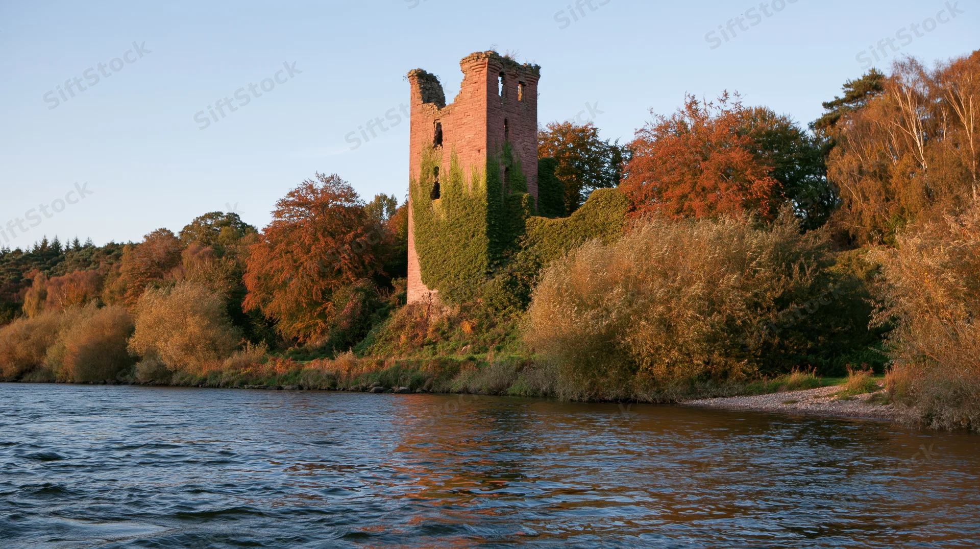 Ivy-covered medieval castle ruin rising above calm river surrounded by autumn trees