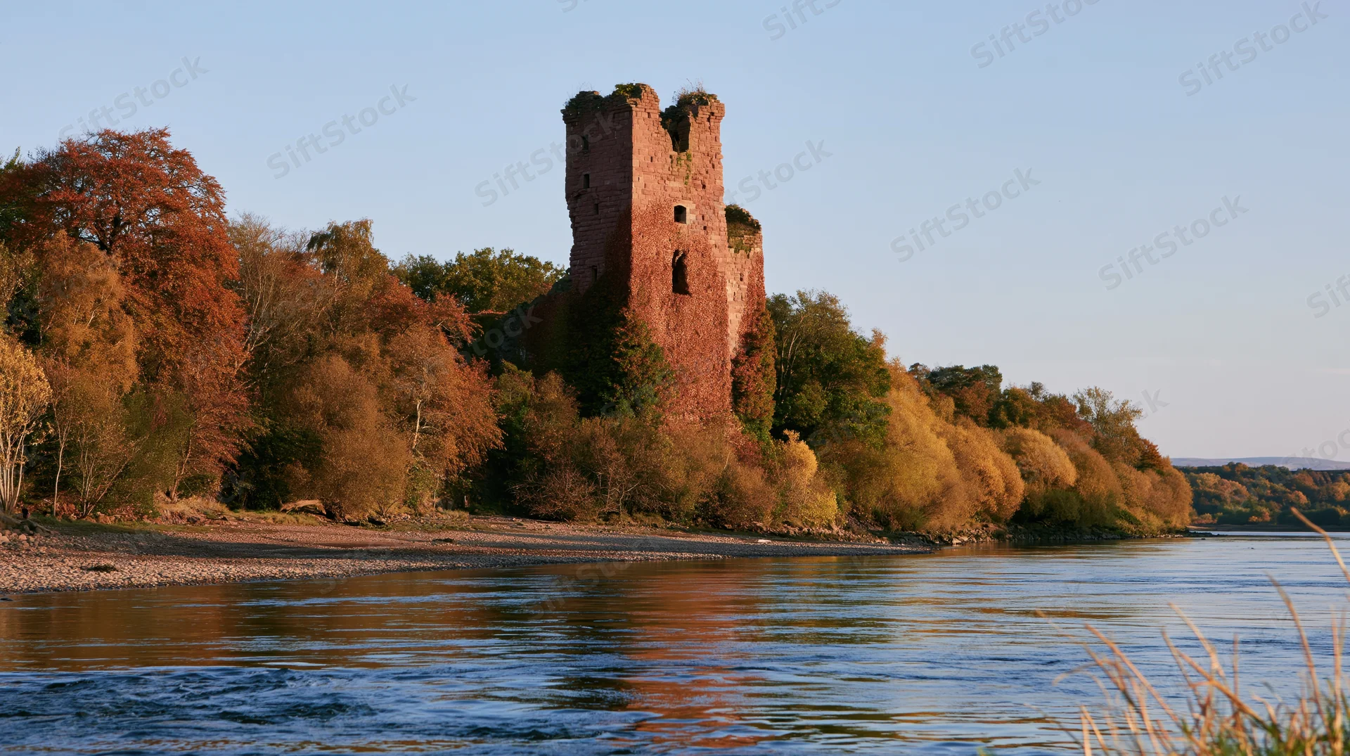 Ivy-covered medieval castle ruin rising above calm river surrounded by autumn trees