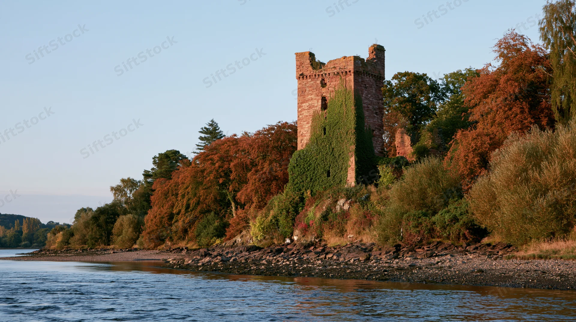 Ivy-covered medieval castle ruin rising above calm river shore in autumn landscape