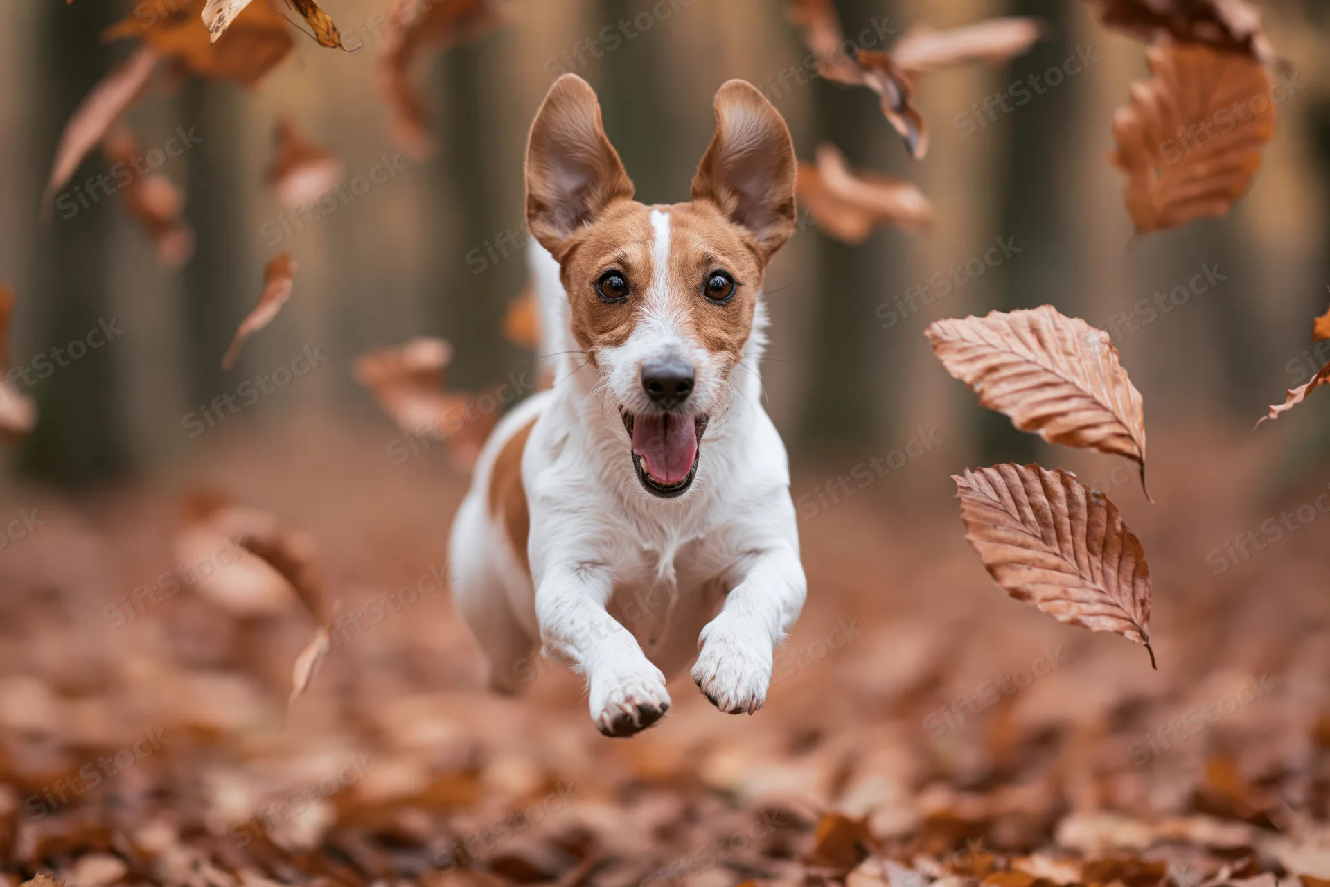 Jack russell terrier mid-leap running through forest floor covered in autumn leaves