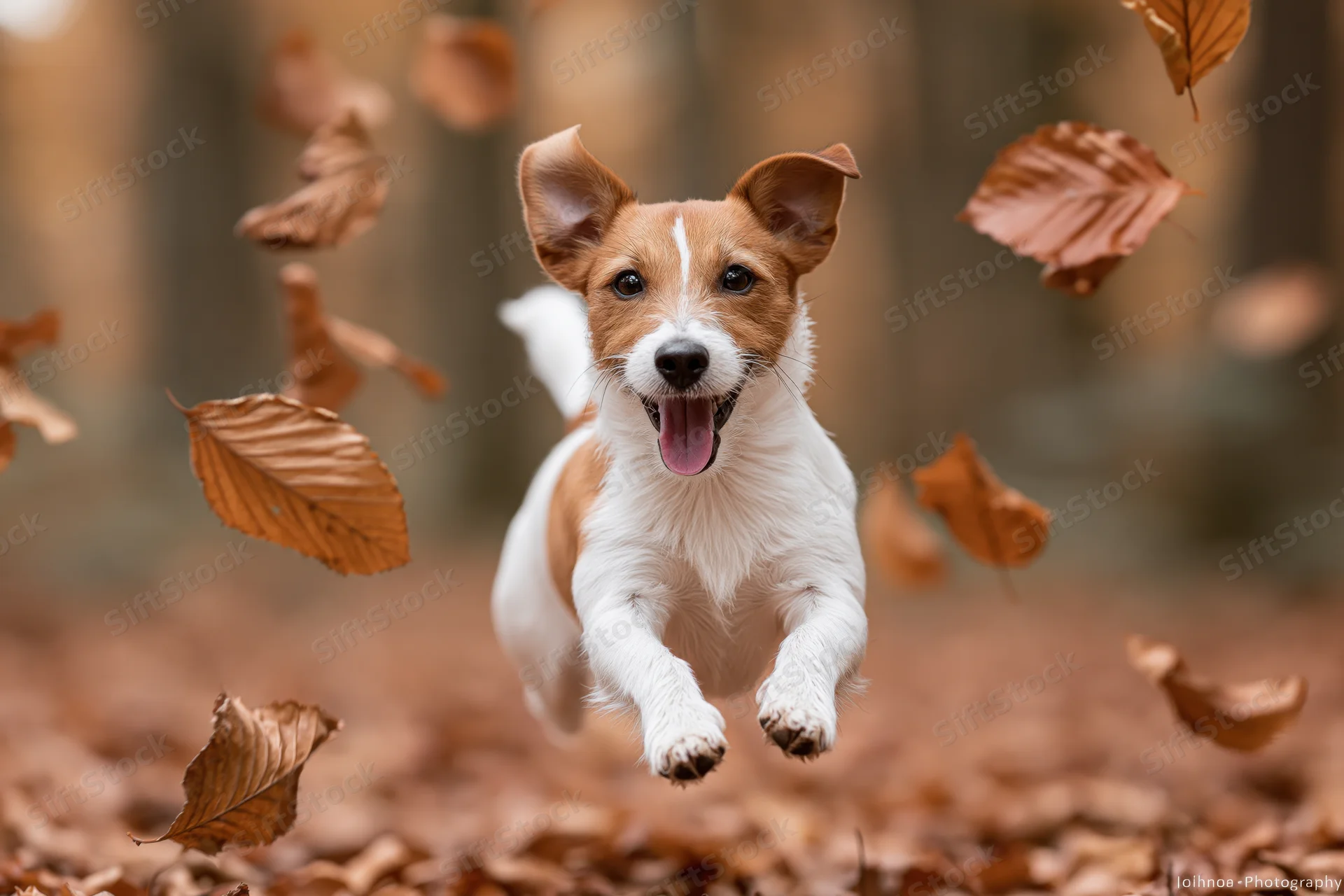 Jack russell terrier mid-leap running through forest floor covered in fallen leaves