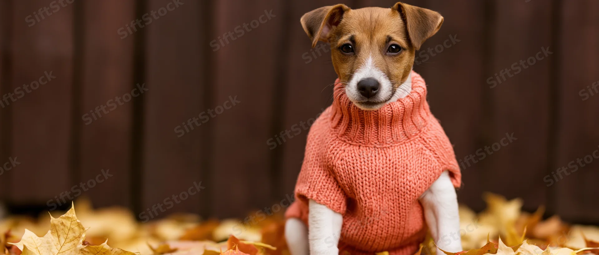 Jack russell terrier puppy wearing coral knit sweater sitting among autumn leaves in backyard