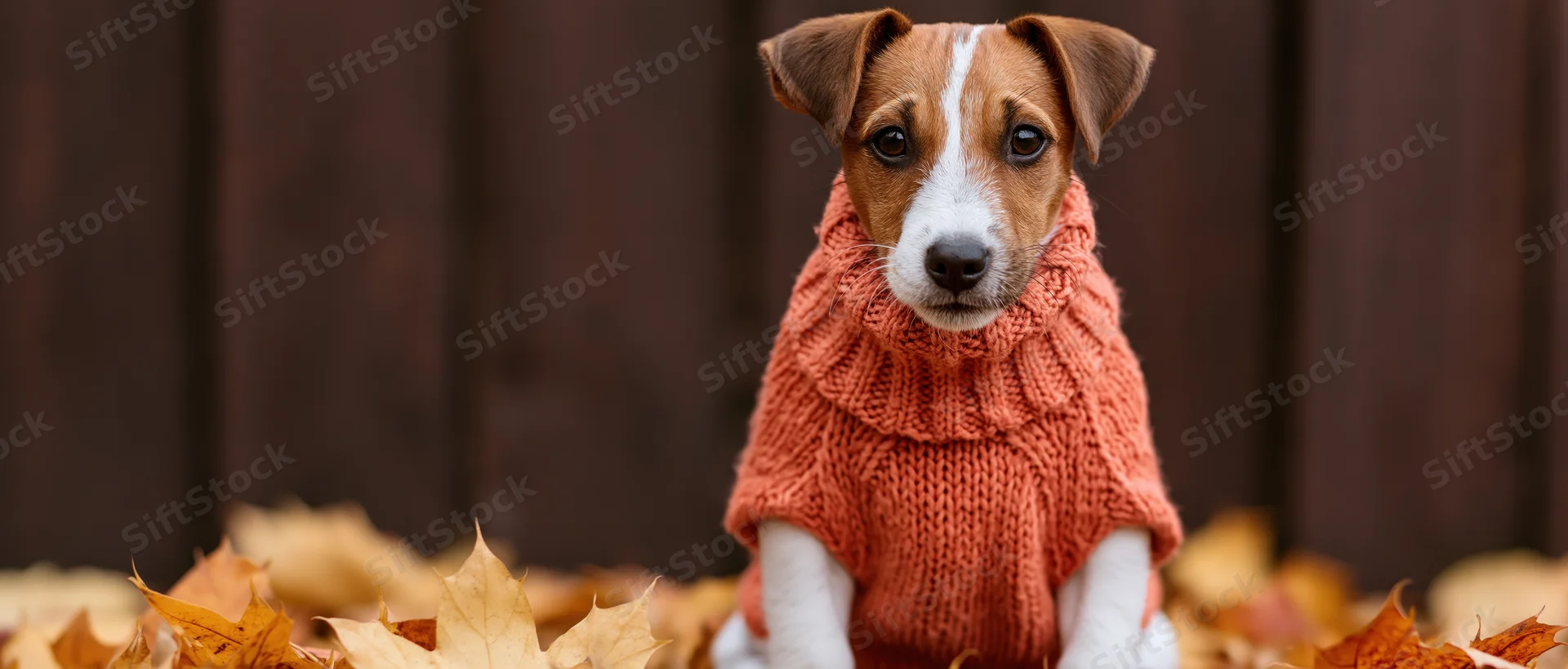 Jack russell terrier puppy wearing coral knit sweater sitting among autumn leaves outdoors