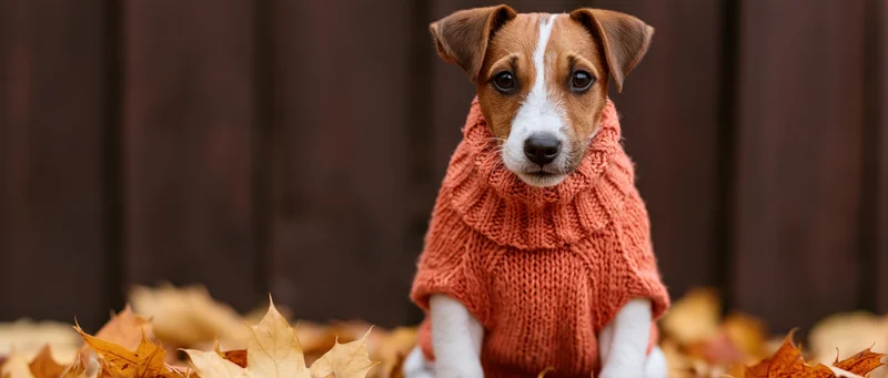 Jack russell terrier puppy wearing coral knit sweater sitting among autumn leaves outdoors