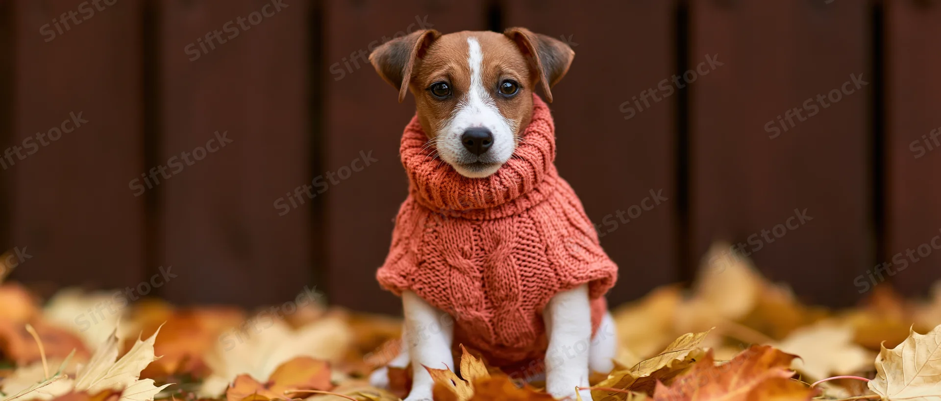 Jack russell terrier puppy wearing coral knit sweater sitting among autumn leaves in backyard