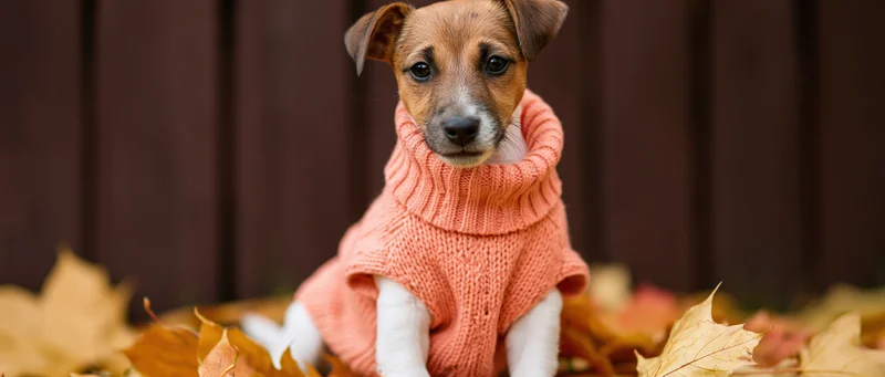 Jack russell terrier puppy wearing coral knit sweater sitting among autumn leaves outdoors