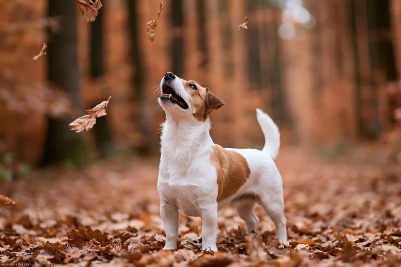 Jack russell terrier standing alert on forest path covered in fallen autumn leaves, looking up with mouth open