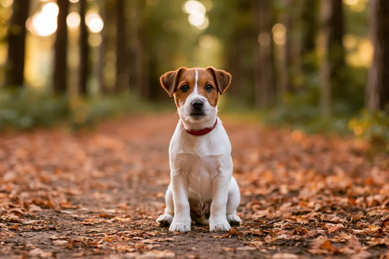 Jack russell terrier puppy sitting alert on a leaf-covered forest path in autumn