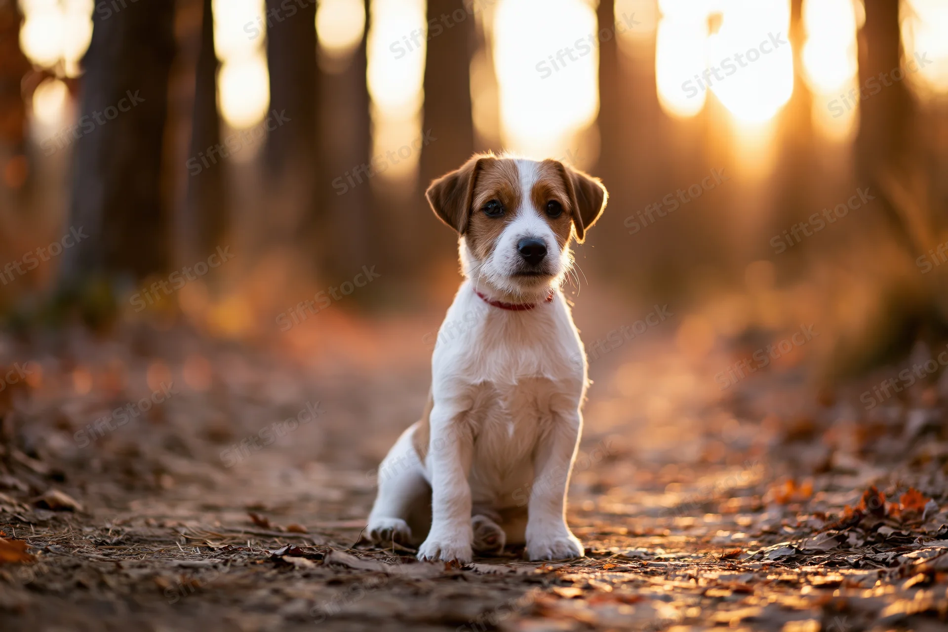 Jack russell terrier puppy sitting alert on a leaf-covered forest path at golden hour