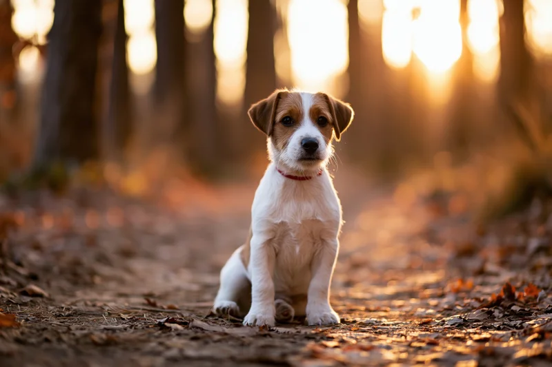 Jack russell terrier puppy sitting alert on a leaf-covered forest path at golden hour