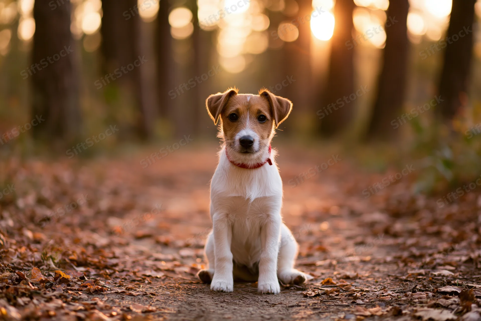 Jack russell terrier puppy sitting alert on a leaf-covered forest path at golden hour