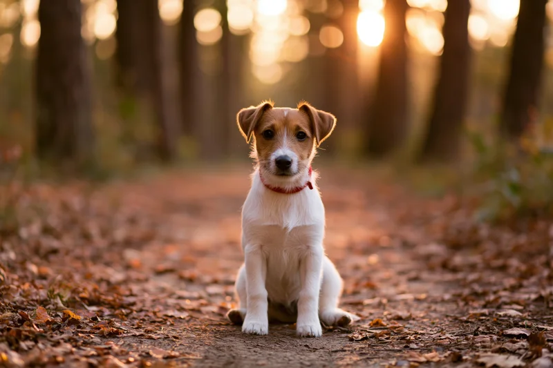 Jack russell terrier puppy sitting alert on a leaf-covered forest path at golden hour