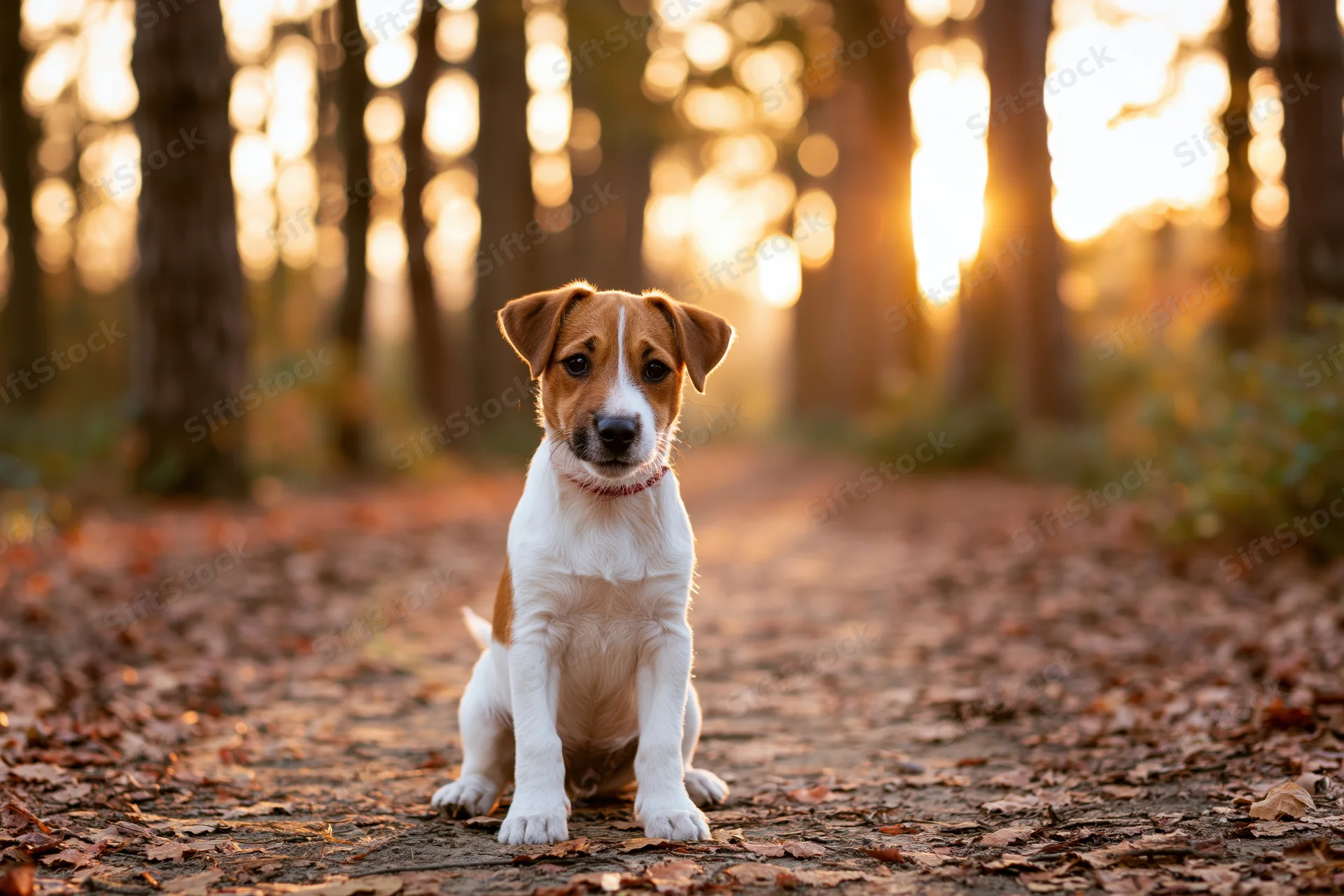 Jack russell terrier puppy sitting alert on a leaf-covered forest path at golden hour