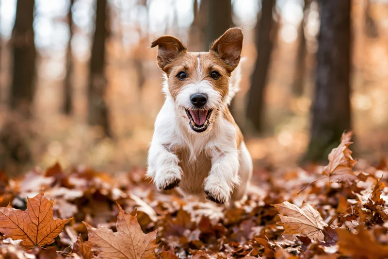 Jack russell terrier leaping through fallen autumn leaves in a forest