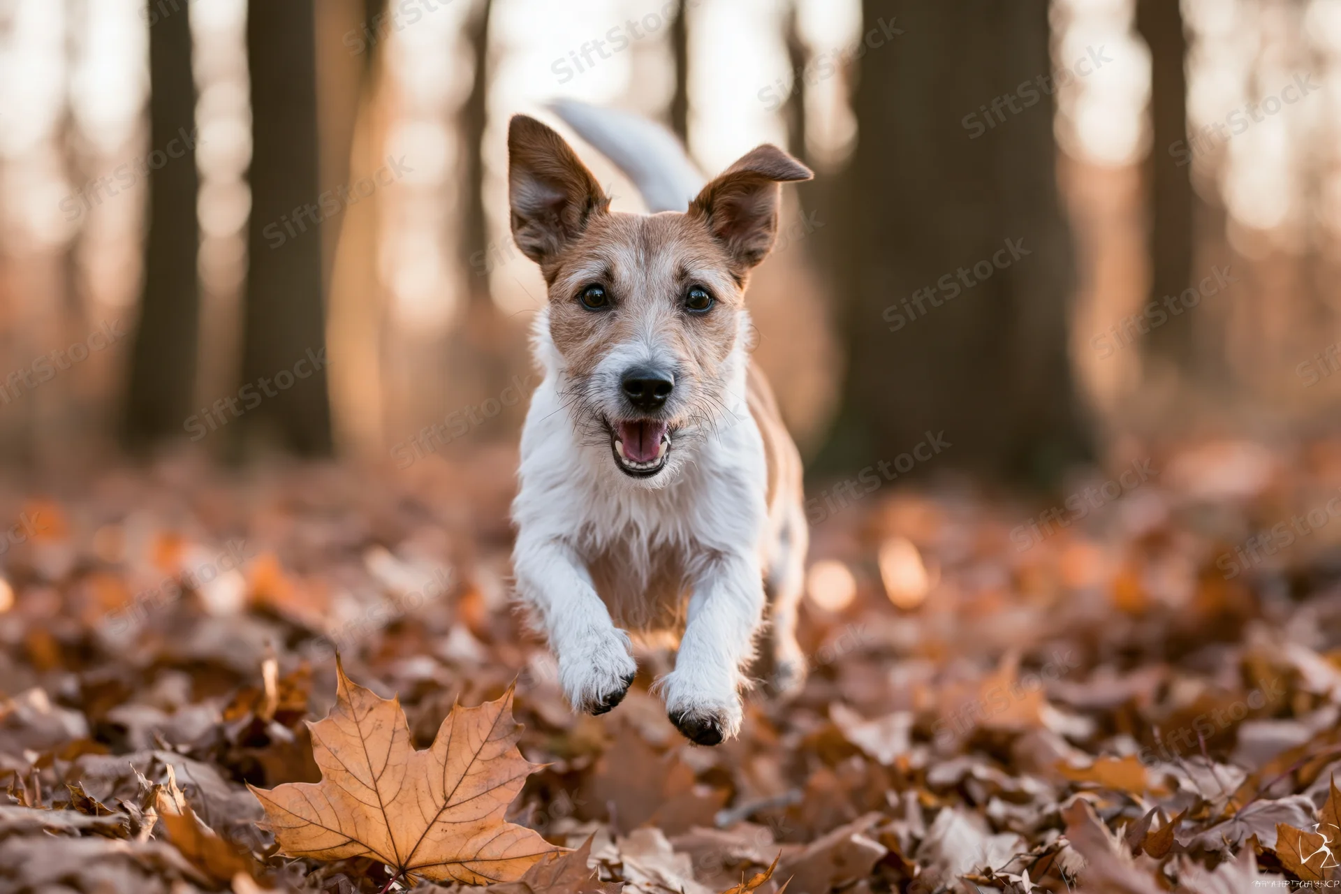 Jack russell terrier leaping through fallen autumn leaves in a forest