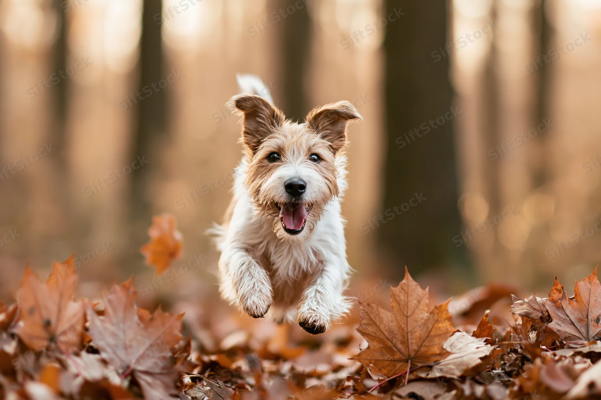 Jack russell terrier leaping through fallen autumn leaves in a forest