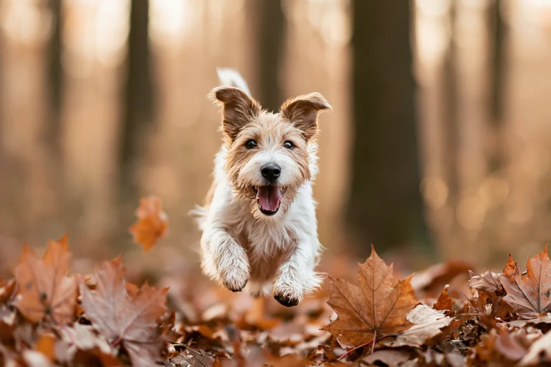 Jack russell terrier leaping through fallen autumn leaves in a forest
