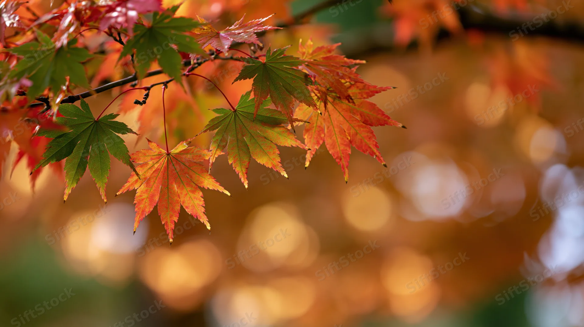 Japanese maple branch with colorful autumn leaves hanging in a garden setting