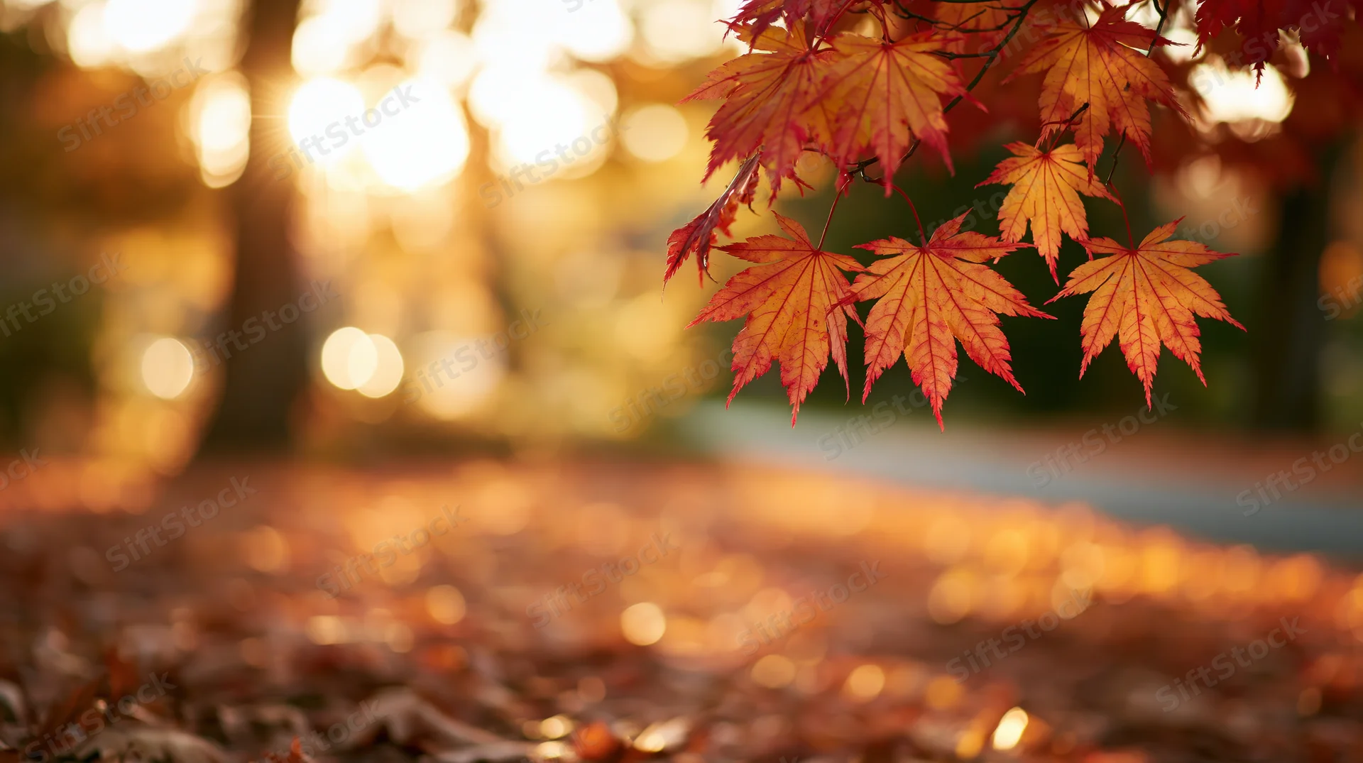 Japanese maple branch with red and yellow autumn leaves hanging over a carpet of fallen foliage in a sunlit park
