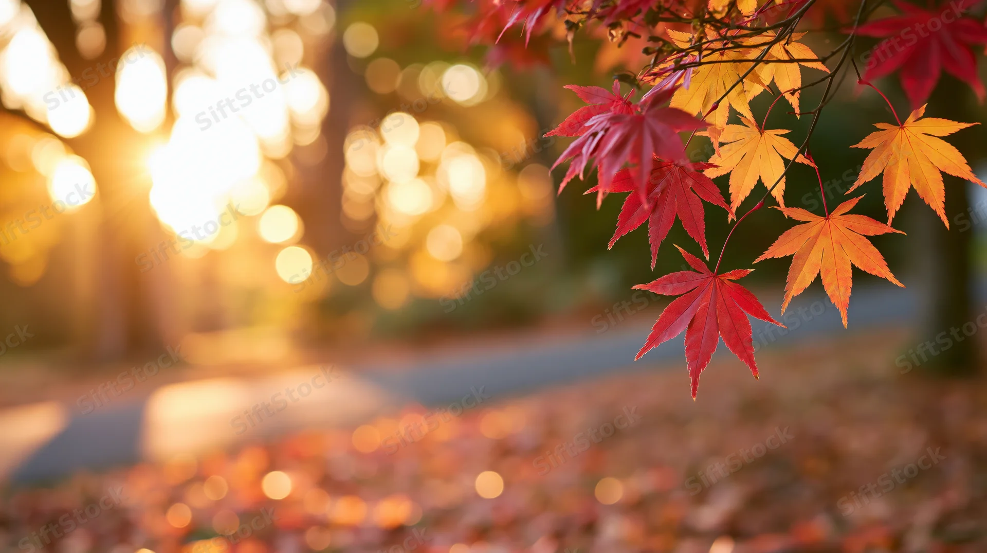 Japanese maple branch with red and yellow autumn leaves hanging over a sunlit park path