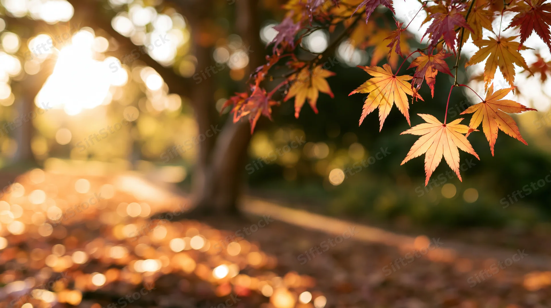Japanese maple branch with red and yellow autumn leaves hanging over a sunlit park path covered in fallen foliage