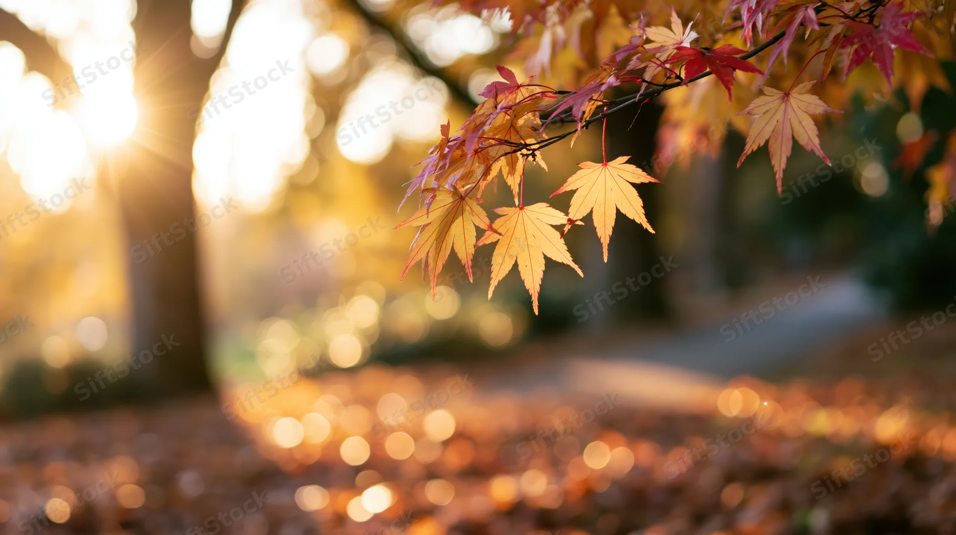 Maple branch with red and yellow autumn leaves hanging over a sunlit path covered in fallen foliage