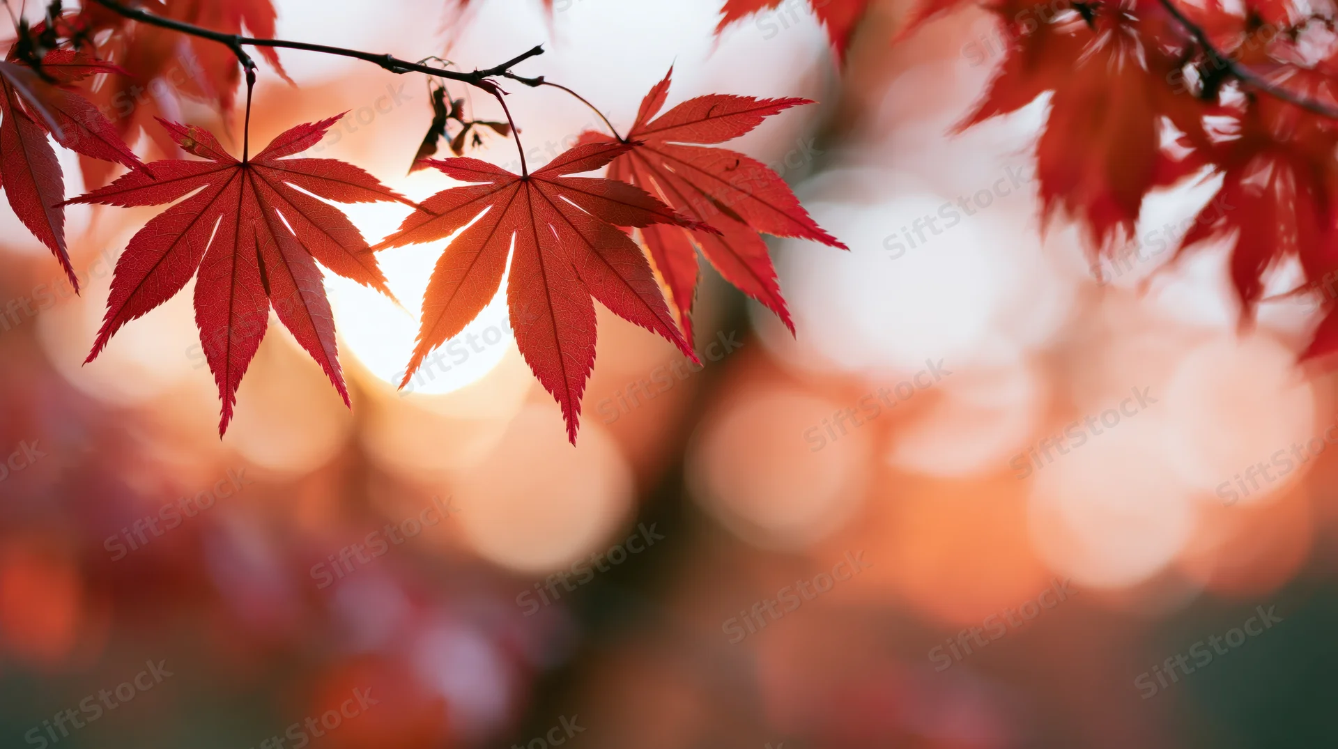 Red-orange maple leaves on a branch backlit by warm sunset light with blurred bokeh background