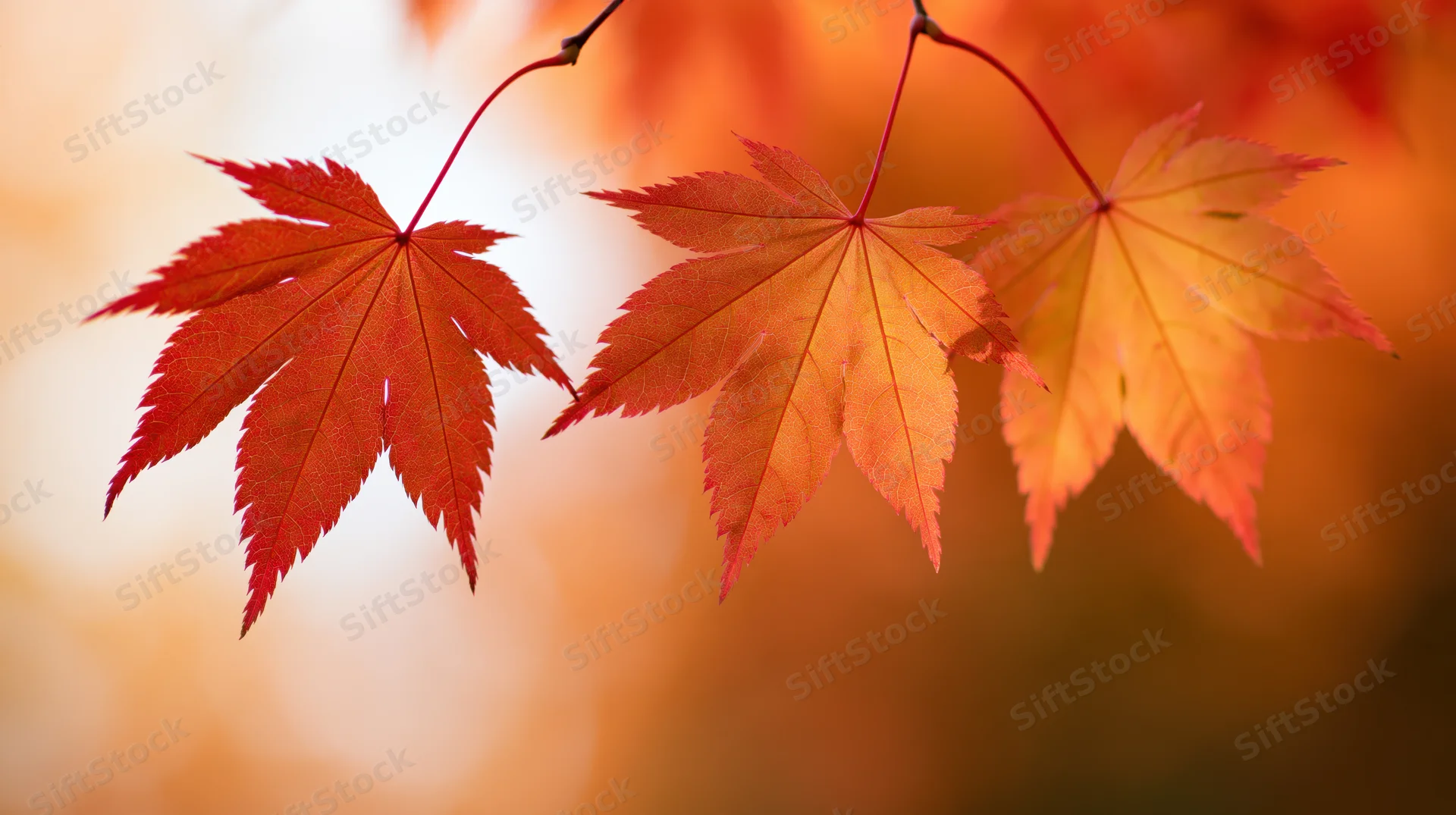 Three Japanese maple leaves in sharp focus against a warm blurred autumn background