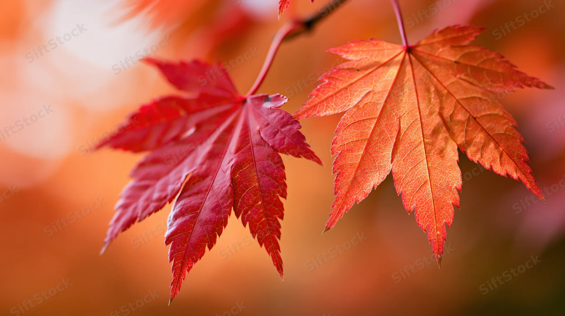 Two red and orange maple leaves in sharp focus against a blurred autumn background