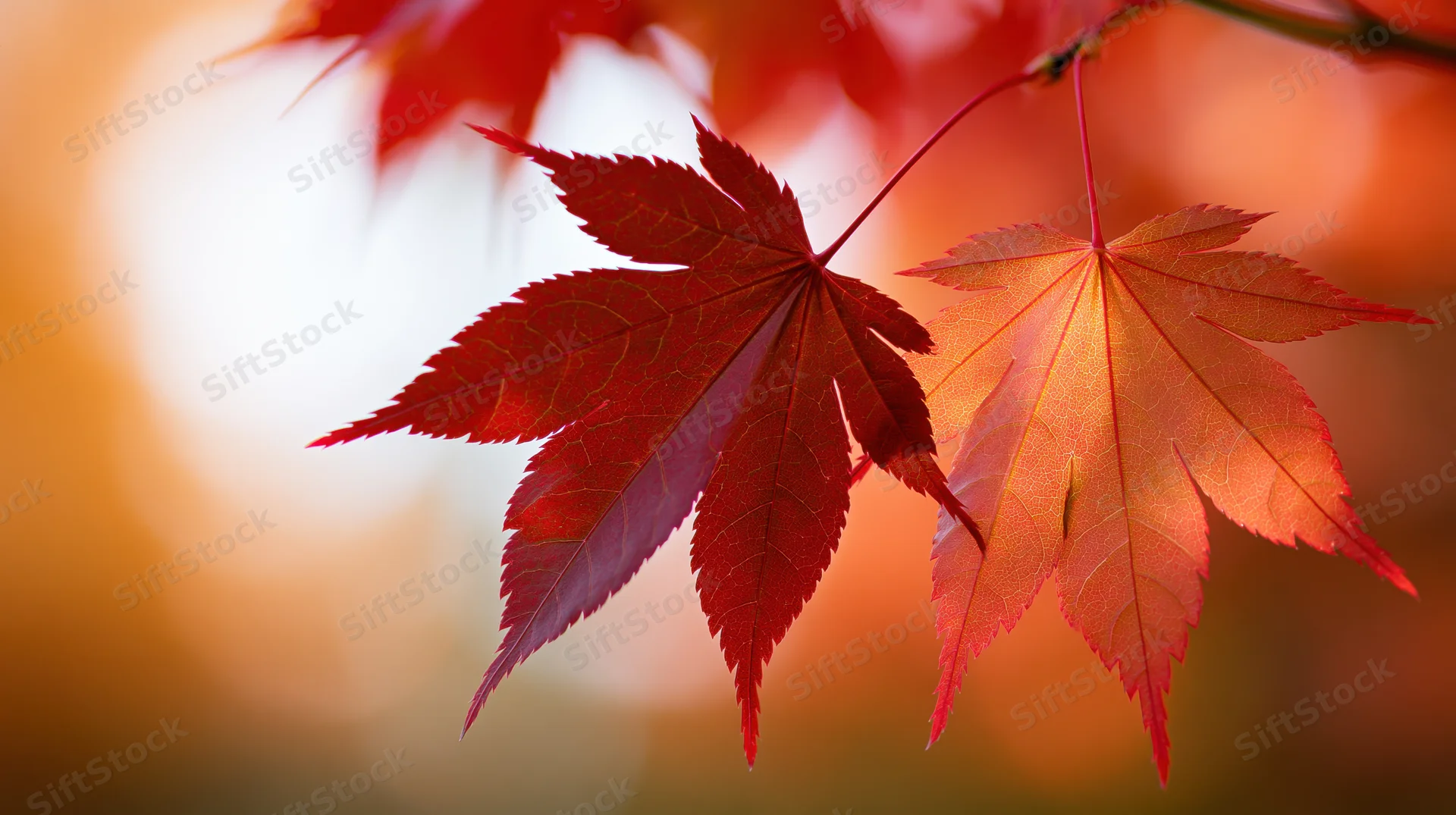 Two red maple leaves in sharp focus against a warm blurred autumn background