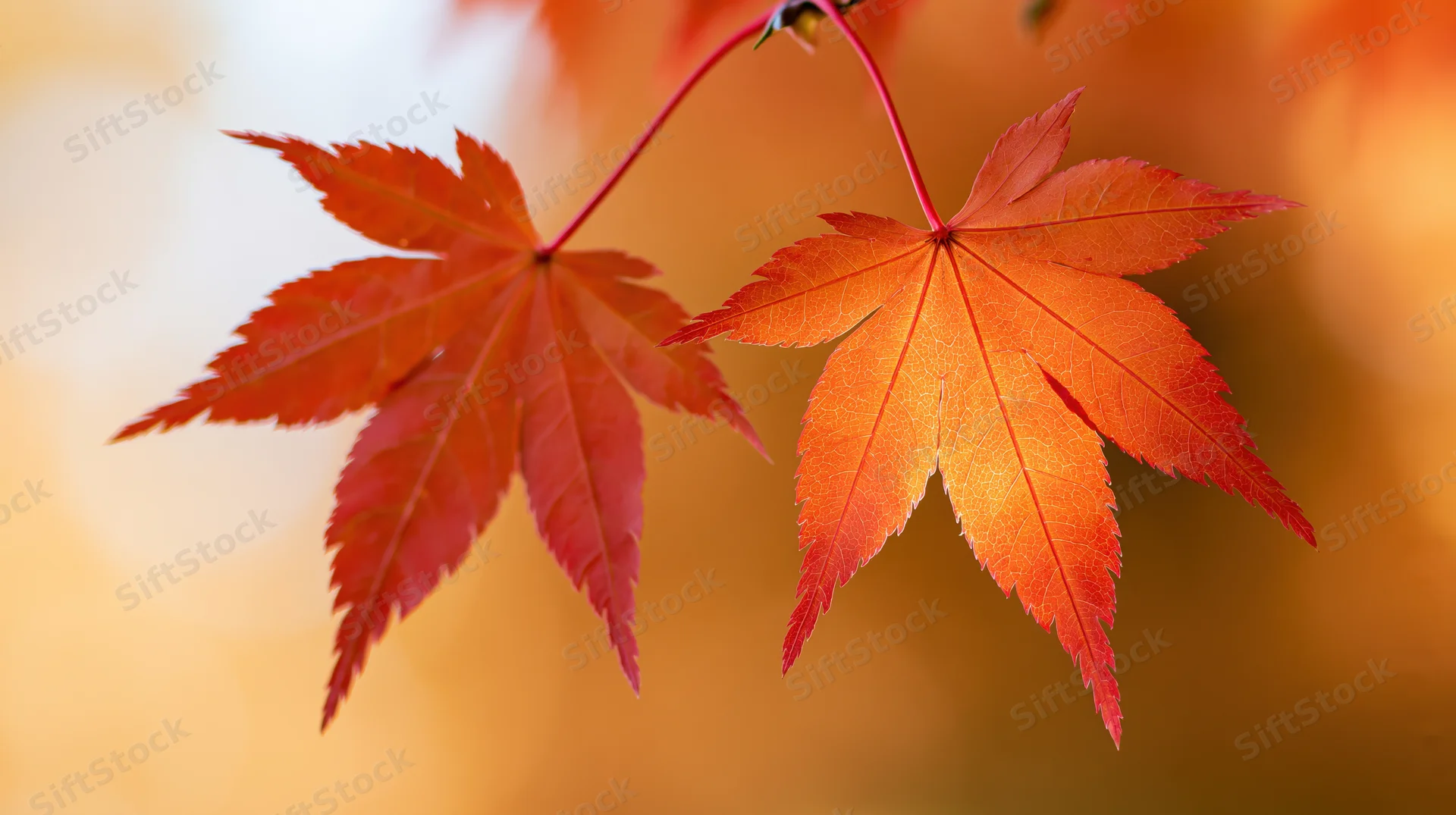 Two vibrant red-orange maple leaves in sharp focus against a warm blurred autumn background
