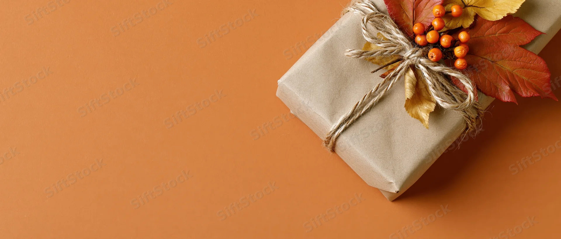 Gift wrapped in kraft paper with twine bow and autumn leaves on orange background