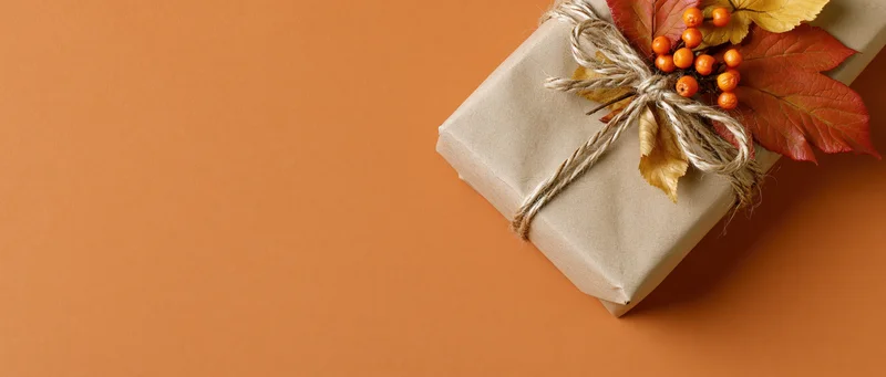 Gift wrapped in kraft paper with twine bow and autumn leaves on orange background