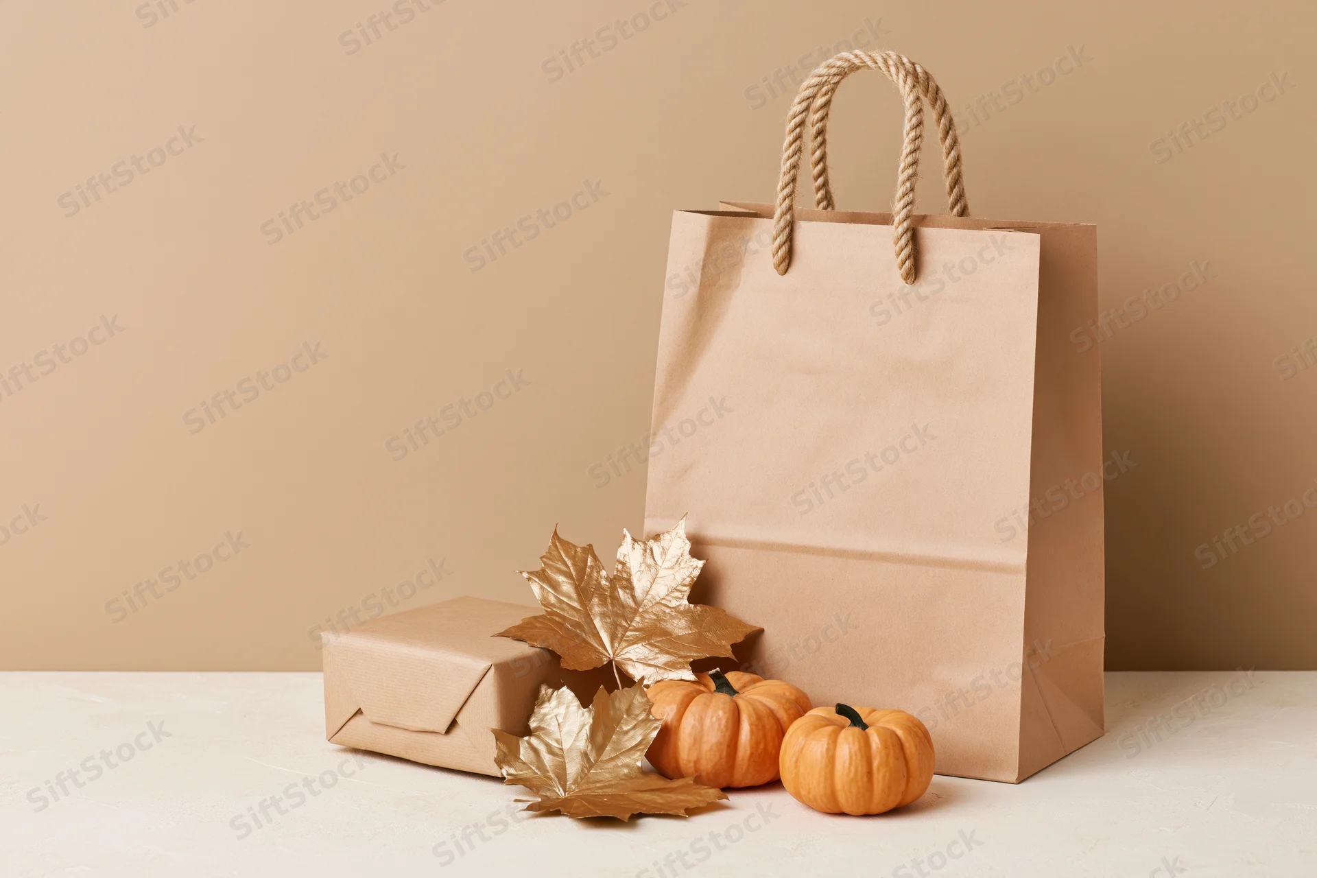 Kraft paper shopping bag with rope handles and autumn decorations on a white surface