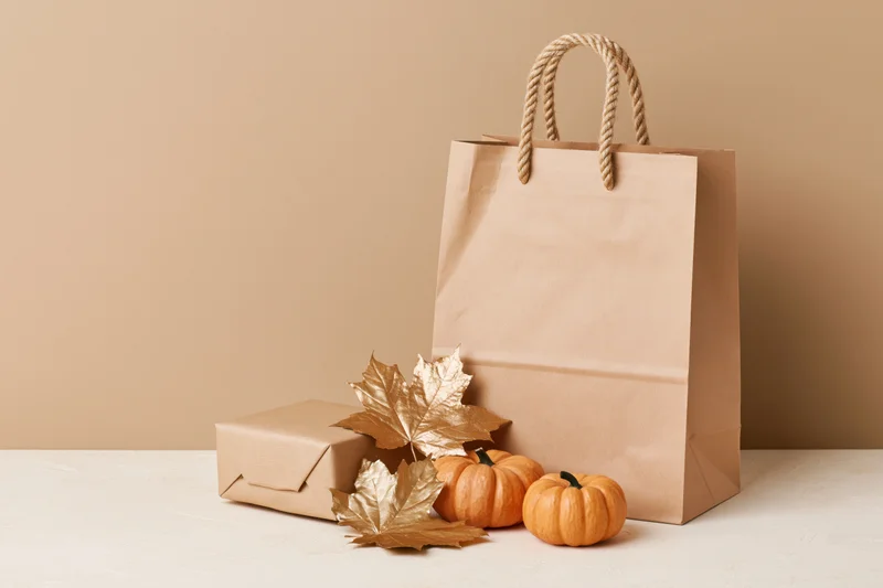 Kraft paper shopping bag with rope handles and autumn decorations on a white surface