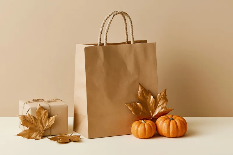 Kraft paper shopping bag with rope handles standing beside small pumpkins and autumn leaves on a beige surface