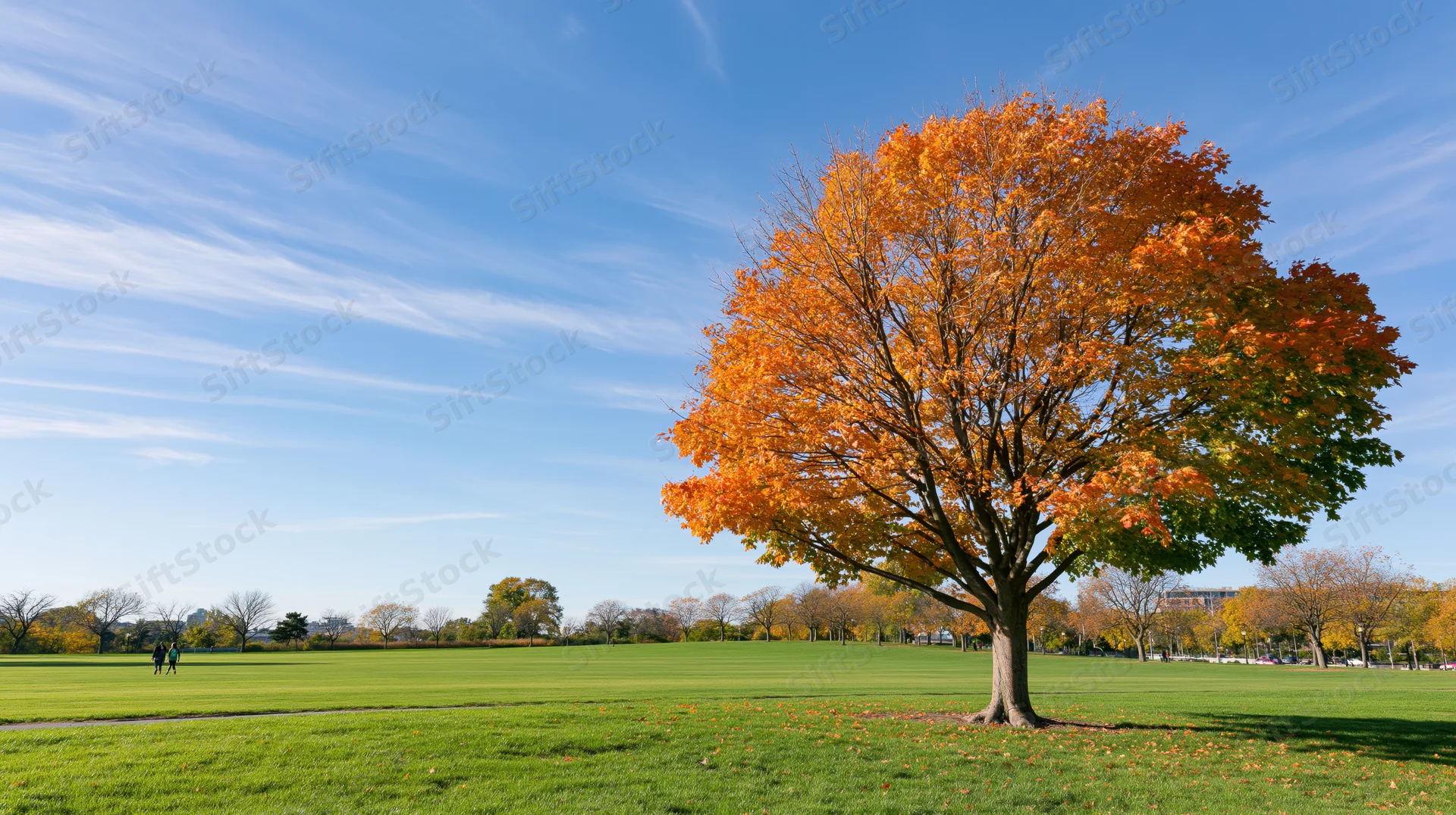 Large maple tree in full autumn color standing in a grassy park under a clear blue sky