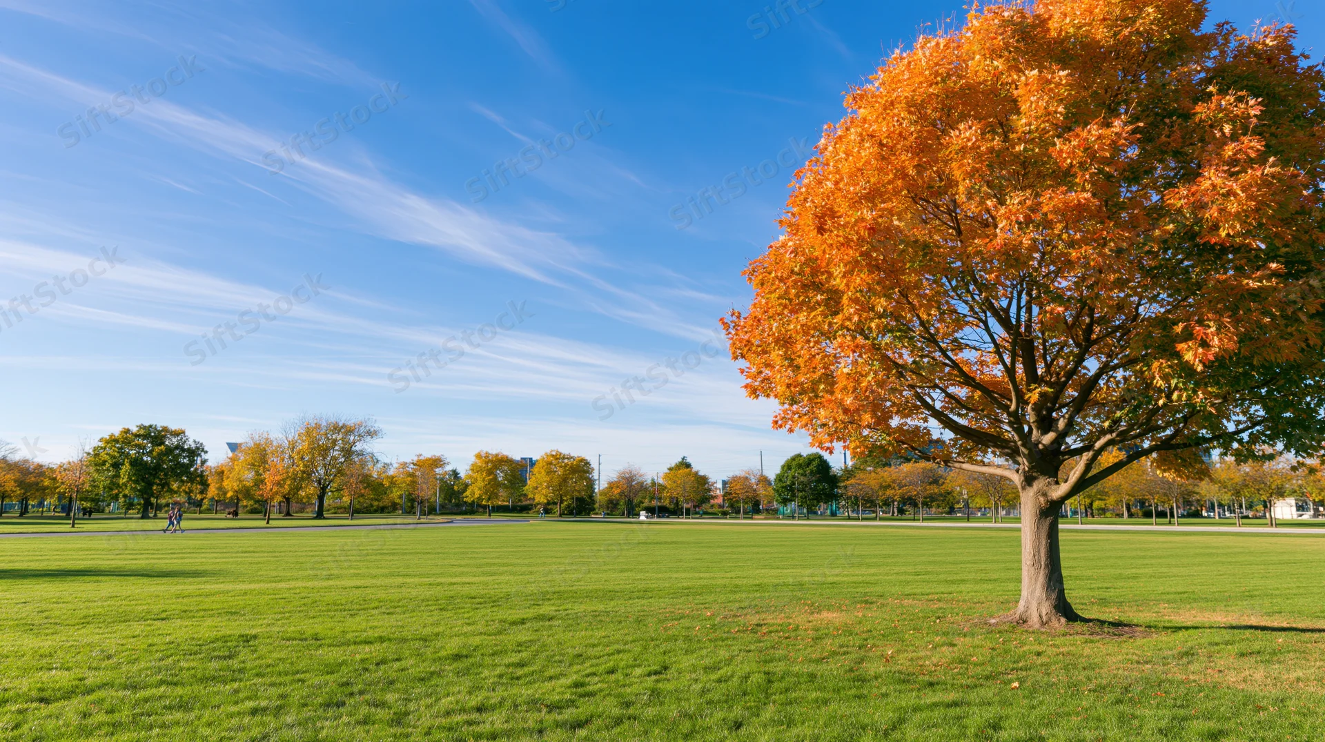 Large maple tree in full autumn color stands on a grassy park field under a clear blue sky