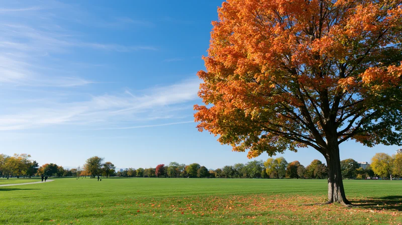 Large maple tree in full autumn color stands in a grassy park with people walking along a path under a blue sky