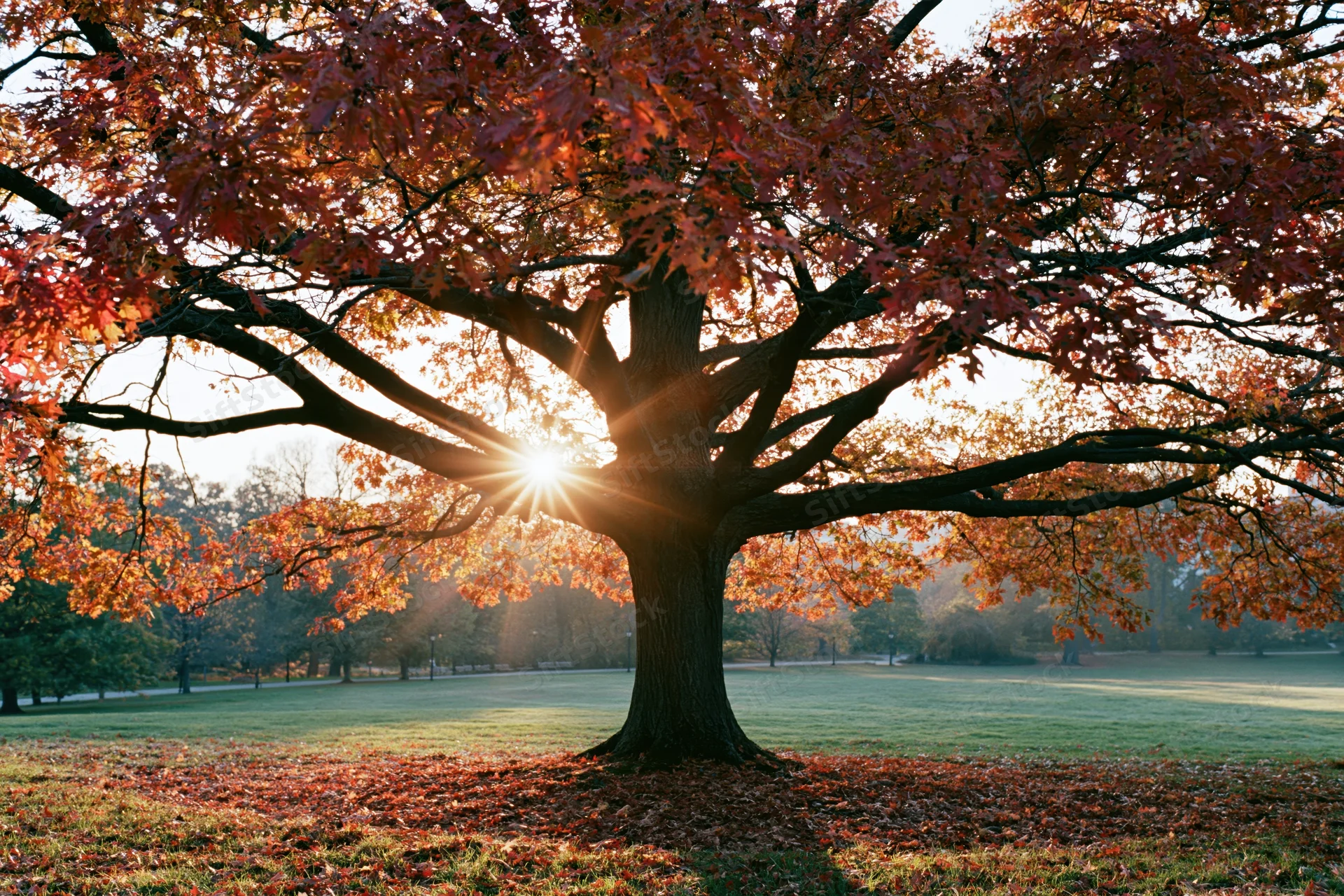 Large oak tree with autumn foliage in a park at sunrise