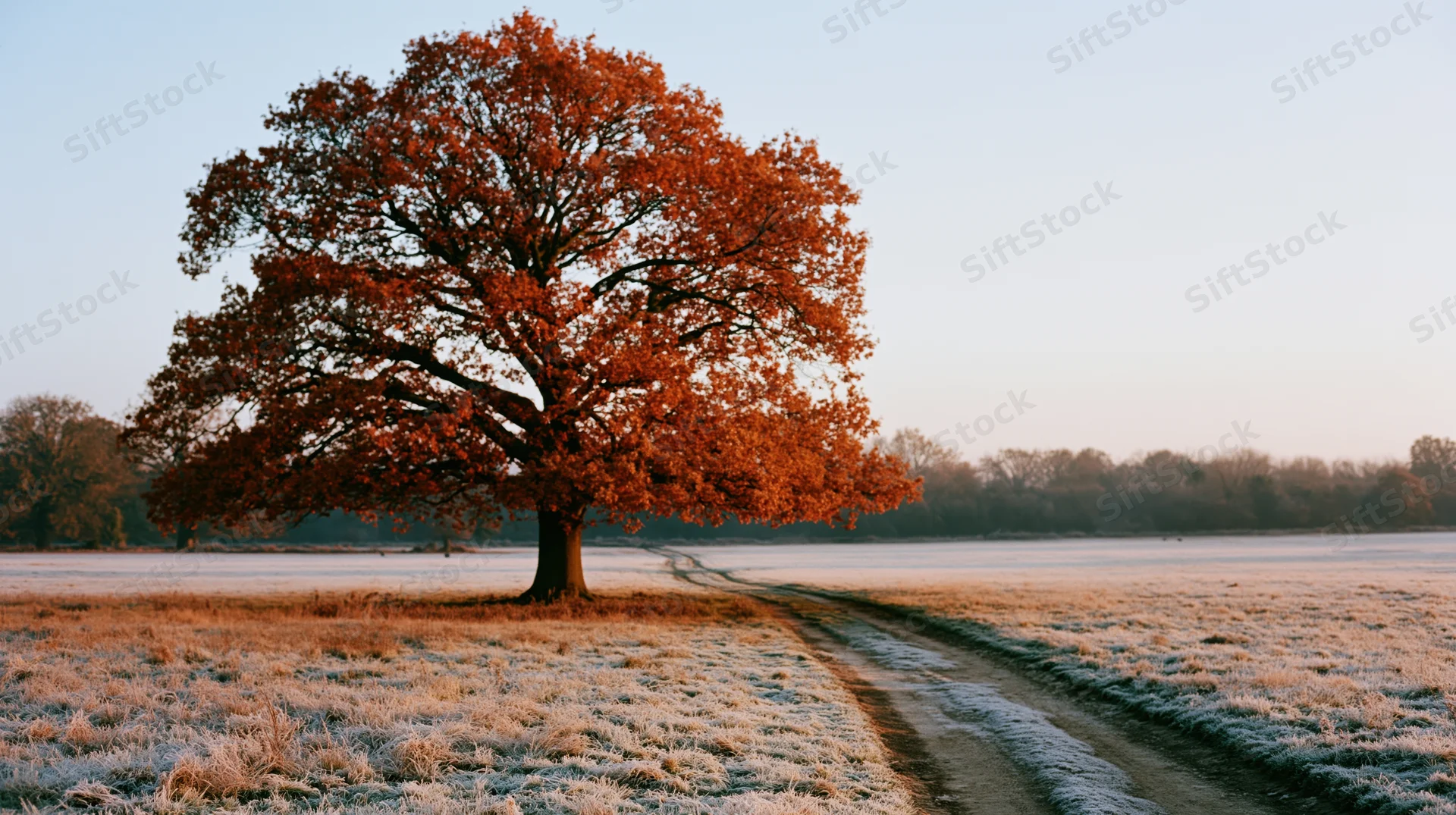 Large oak tree with orange-red autumn leaves standing in a frost-covered field beside a winding dirt path