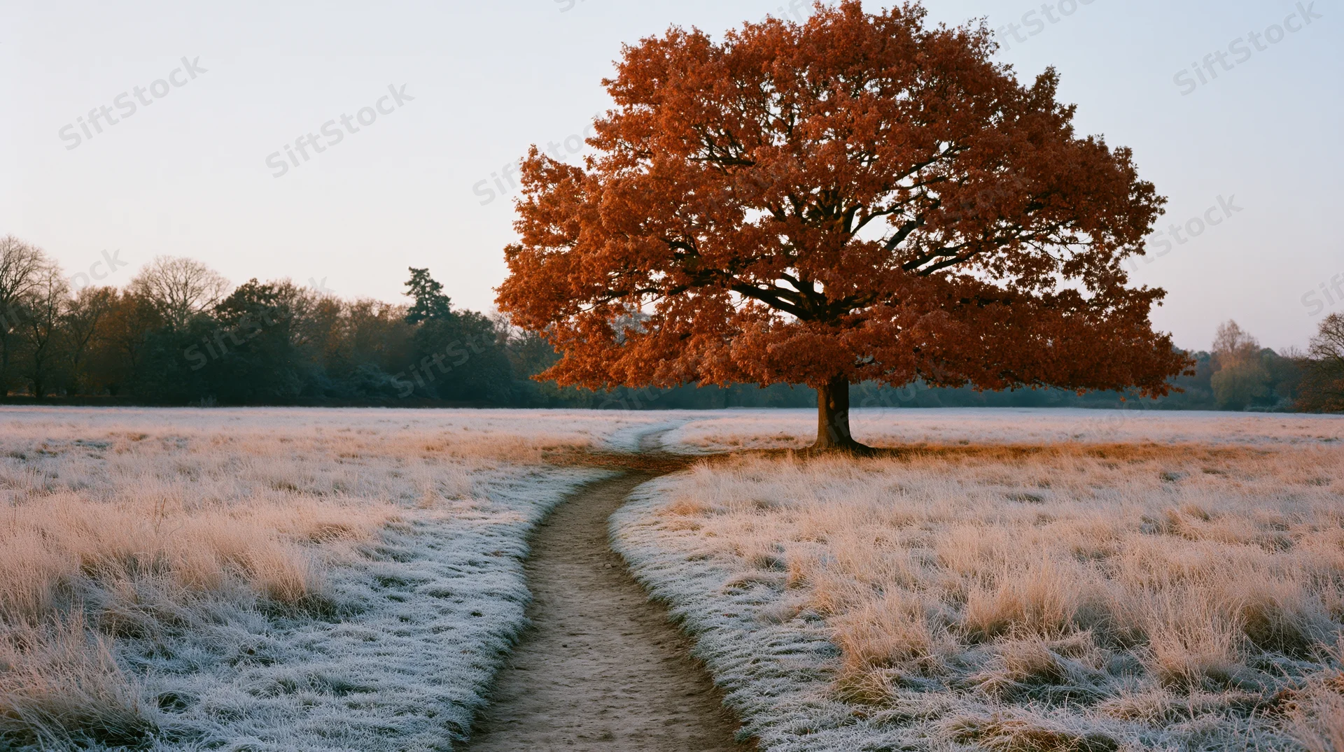 Large oak tree with orange-red autumn foliage stands beside a winding path through a frost-covered field at sunrise